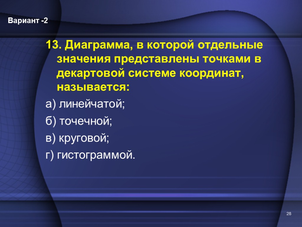 13. Диаграмма, в которой отдельные значения представлены точками в декартовой системе координат, называется: а)